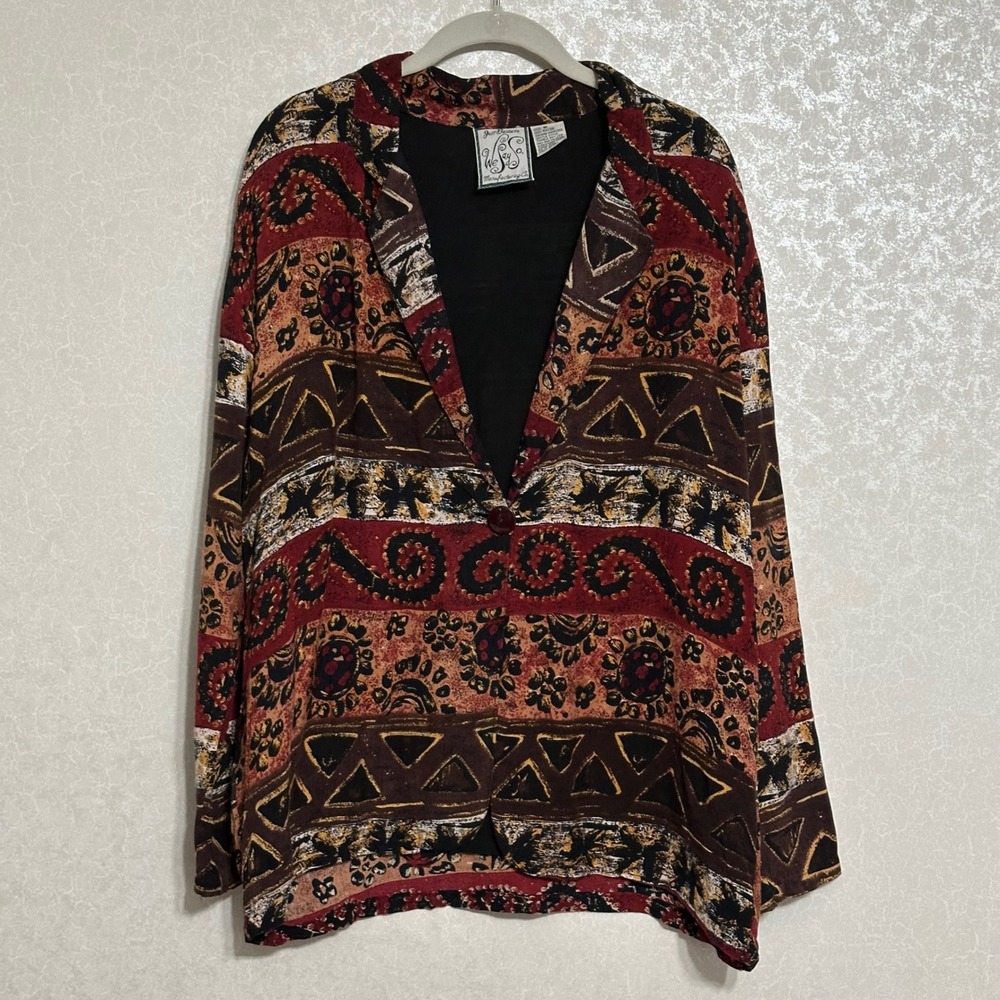 Just Because We Say So Aztec Tribal Print Blazer 100% Rayon Vintage Red Brown M